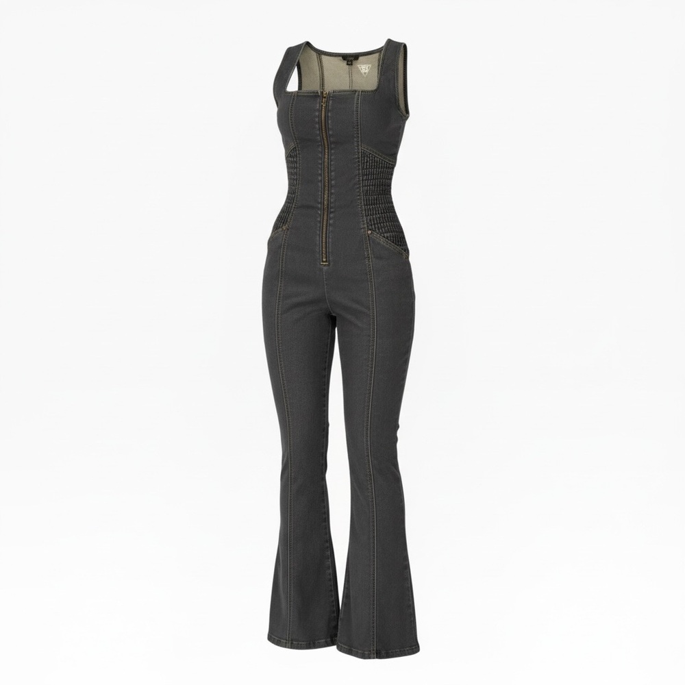 GUESS Ember Flare Denim Jumpsuit - Smocked Corset Waist - Size S